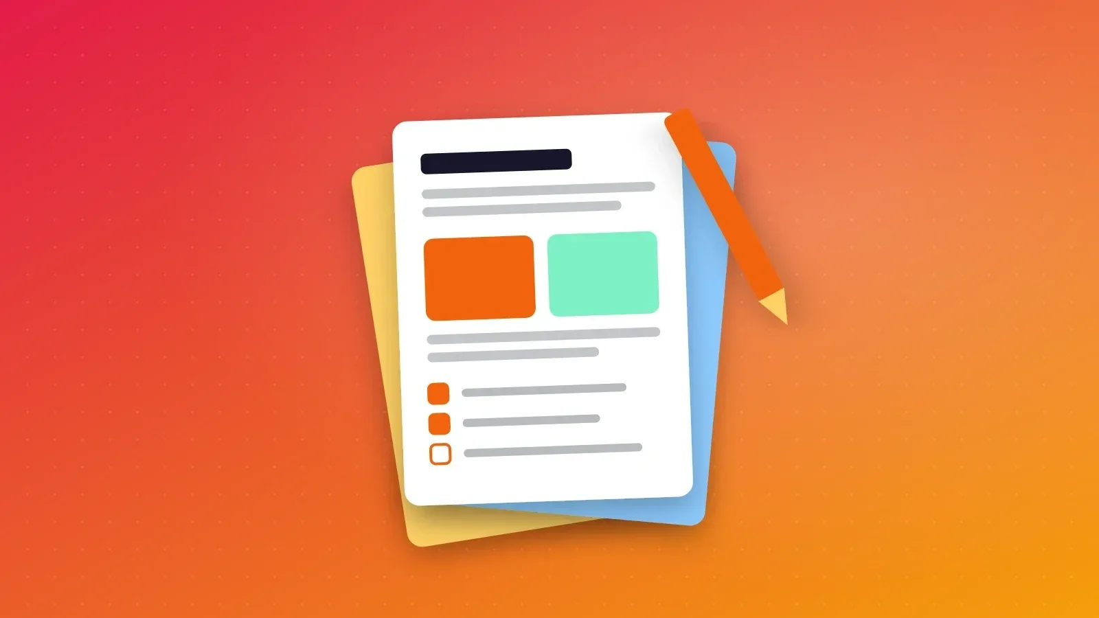 Graphic of stacked design document pages with sections and a checklist