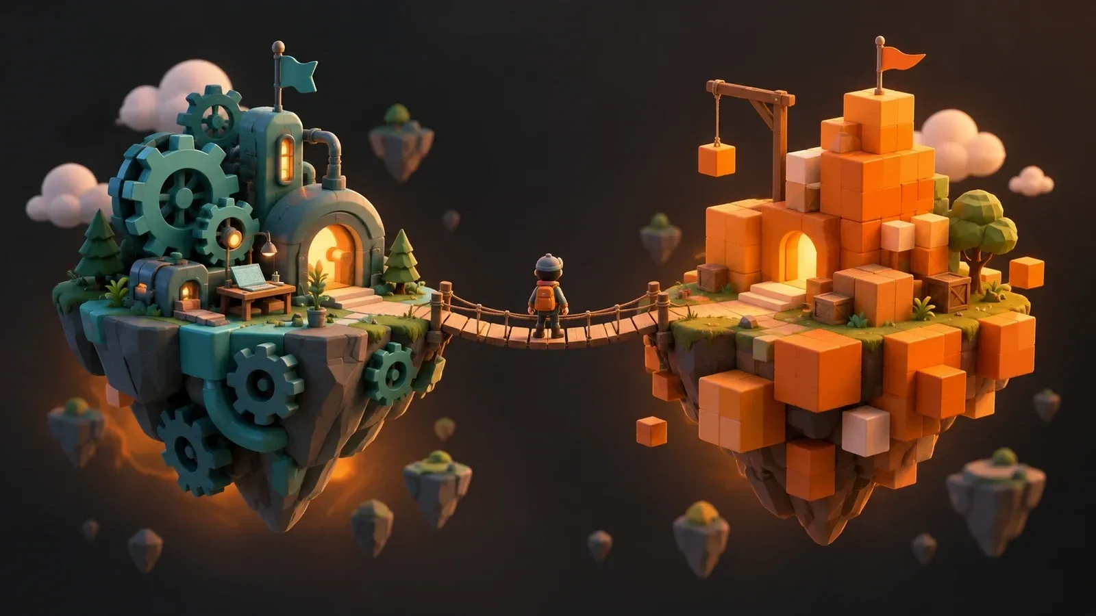 Two floating low-poly islands joined by a rope bridge, one built from teal gears and one from orange blocks, with a small character standing in the middle deciding which way to cross