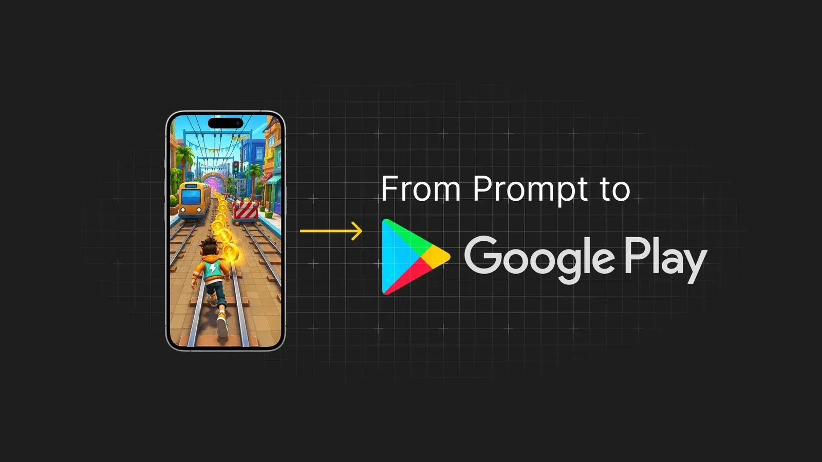 Illustration of a mobile game being built from a written prompt and published to an app store
