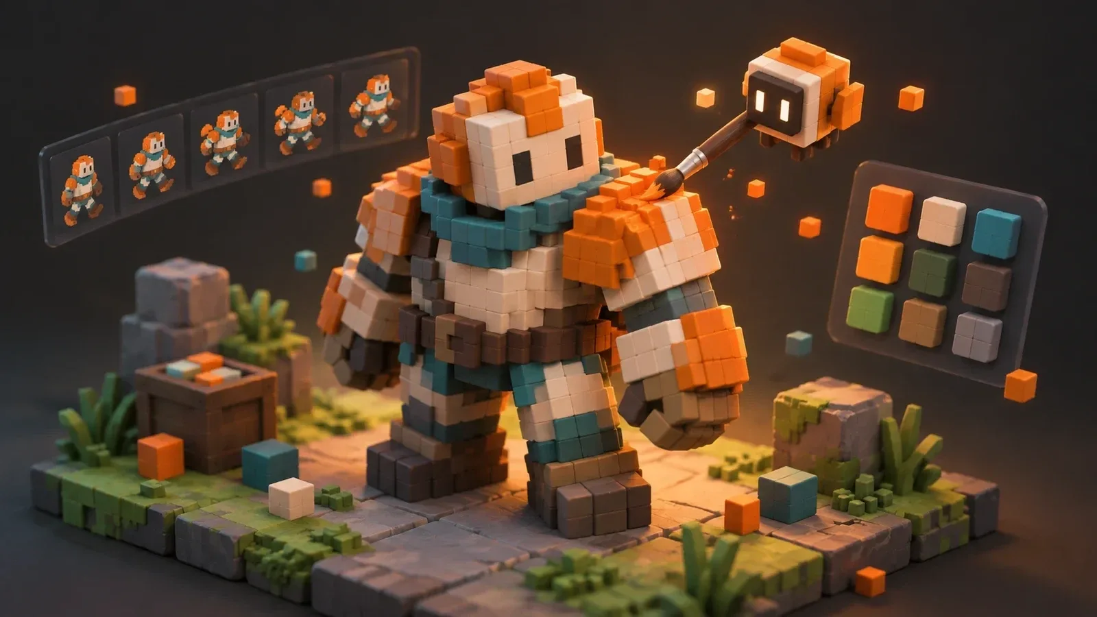 A blocky voxel-style character holding a paintbrush, standing on a small grass diorama beside a sprite animation strip and a colour palette