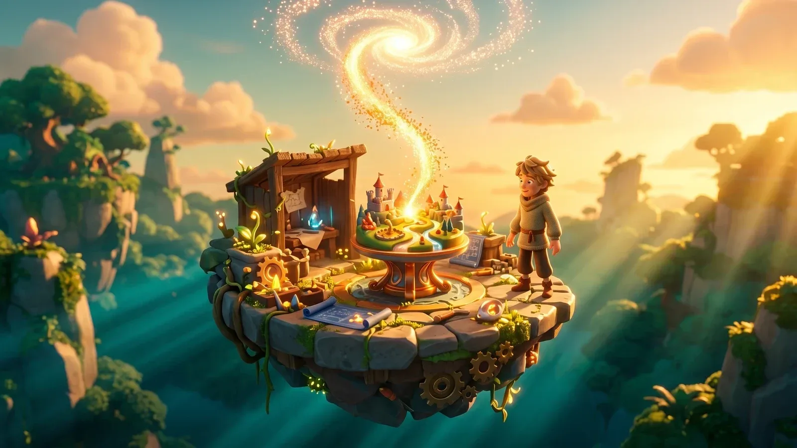 Cinematic illustration of a game world forming from a stream of light in a creator's workshop
